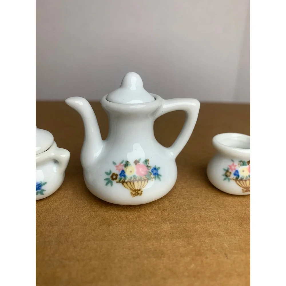 Vintage Cottage Floral Porcelain Miniature Tea Set 13pc. White Ceramic Dollhouse